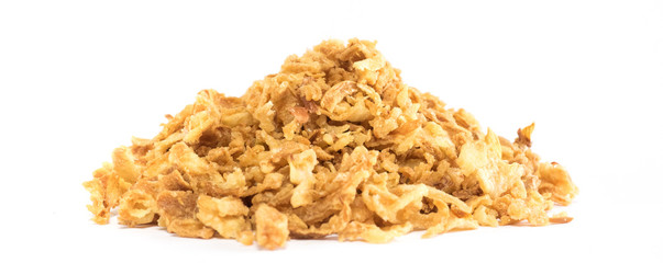 Panoramic Crunchy fried onion mountain on white background