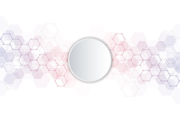 Abstract background of science and innovation technology. Technical background with hexagons pattern and molecular structures.