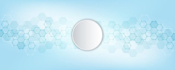 Abstract background of science and innovation technology. Technical background with hexagons pattern and molecular structures.