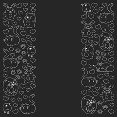 Vector set of beautiful round icons in the form of wild animals for children and design, print, cat ,bear, fox, bird ,hare or rabbit. Round animals with caption on black background
