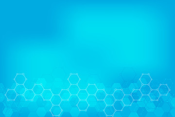 Abstract background of science and innovation technology. Technical background with hexagons pattern and molecular structures.