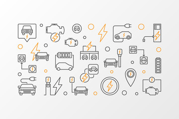 Battery electric vehicle vector outline horizontal banner or illustration