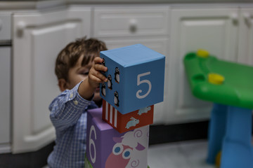 A cute child enjoys playing with cubes that have numbers and figures of animals