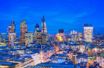 Elevated view of the Financial District of London at dusk, london, england.