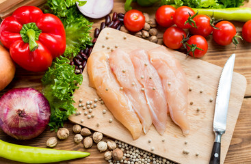 Fresh chicken with salad. Colorful of fresh organic vegetables for cooking diet and healthy food.