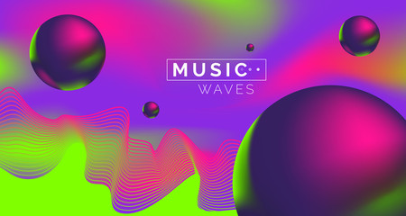 abstract music sound background  cover design.creative brochure with dynamic waves 3 d spheres  vibrant gradient 