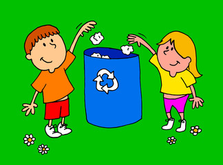 Illustration of some children throwing garbage in a recycling bin