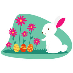 Easter bunny and Easter eggs on green grass. cartoon illustration of cute white rabbit preparing easter eggs. Row of Easter eggs in Fresh Green Grass