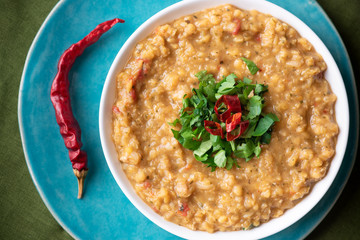 Vegetarian lentil soup with parsley. Top view.