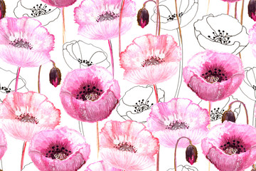 Seamless pattern from watercolor poppy. 