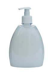 Liquid soap for hands in a plastic small bottle with the batcher. Isolated on a white background