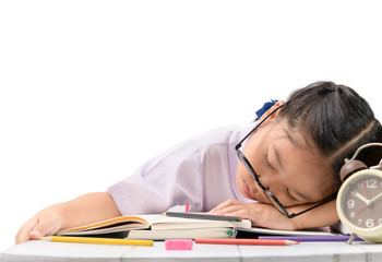 girl sleep while doing hard homework isolated