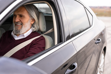 Senior attractive man is driving the car