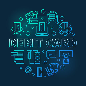Debit Card vector concept round blue outline illustration on dark background