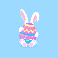 Easter bunny sitting with a paint egg. White rabbit cartoon character.