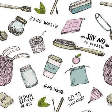 Seamless pattern with hand drawn reusable and recycable objects.