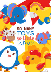 Clockwork bright mechanic children tin toys poster, banner vector illustration. Mechanical windup cute gifts. Animals such as cow, dog, elephant, rooster, penguin, horse.