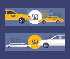 Naklejka premium Taxi driver concept set of banners vector illustration. Car, transport, transportation, transfer icon. Public service. Make money as a limousine driver. Luxury vehicle stretch car.