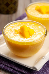 Very delicious Mango Tapioca on the white plate.