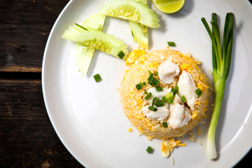 Fried rice with Crab on the wooden table from top view