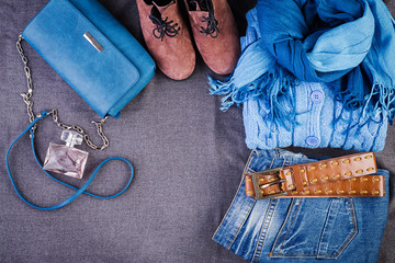 Womens clothing, accessories, footwear (blue blouse, jeans, terracotta shoes, bag). Fashion outfit....