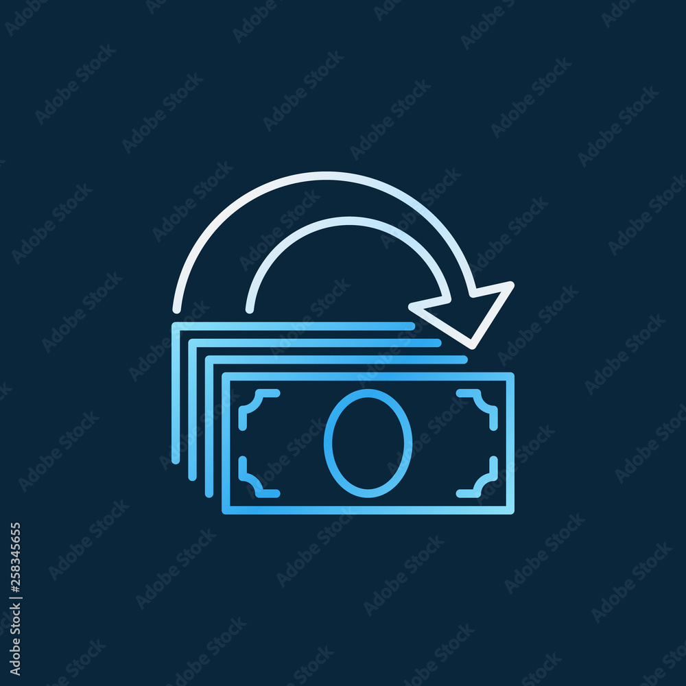 Poster banknotes with arrow outline colorful icon - vector cashback concept linear symbol on dark backgroun