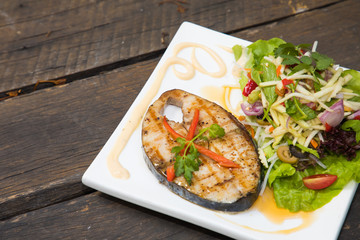green and healthy food, Spotted mackererls salad on white disk