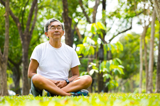 Old Man Meditation In Nature Park