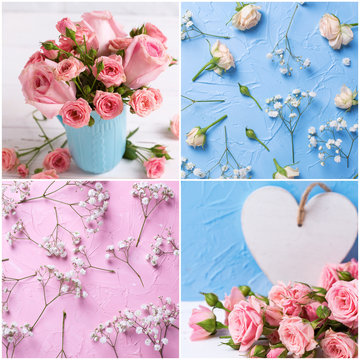 Collage from photos with roses flowers in pink and light blue colors.