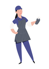 Shop assistant. Girl in the uniform of the cashier, apron and cap. The woman stands, holds the cash terminal in hand. Character illustration isolated on white background. People vector illustration.