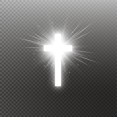 Shining white cross and sunlight special lens flare light effect on transparent background. Glowing saint cross. Vector illustration