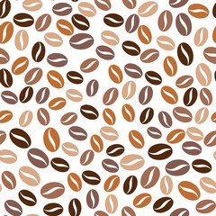 Seamless pattern of colored coffee beans scattered on white background. Repeating wallpaper