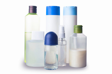 set of blank cosmetic package isolated on white background with clipping path and copy space for template design and branding