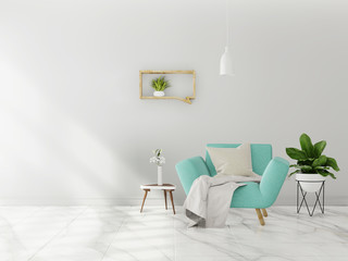 Living room interior wall mock up with pastel armchair, round pillow, pendant lamp and table on empty beige wall background. 3D rendering. - Illustration