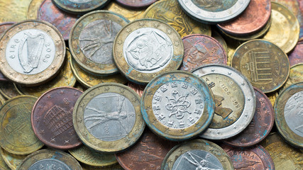 Money coins background. Euro coins with patina. 16:9