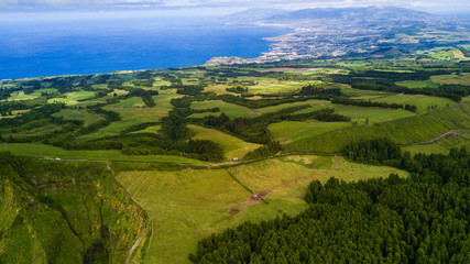 Drone view of amazing Azores landscape. Green fields on the north coast of San Miguel island,...