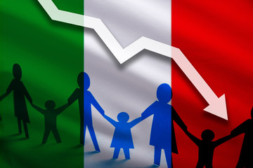 Italy flag background of the arrow chart down. Decrease in the number of the country's rape. Fertility below the measurement. Reducing the flow of refugees, tourists, immigrants. - obrazy, fototapety, plakaty