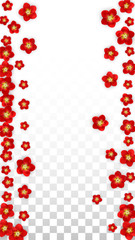 Vector Realistic Red Flowers Falling on Transparent Background.  Spring Romantic Flowers Illustration. Flying Asian Rose Spa Design. Blossom Confetti. Design Elements for Wedding Decoration.