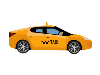 Fototapeta na wymiar Taxi Yellow Car Cab Isolated on white background. Contemporary modern vehicle. Side view of the yellow car with nobody inside. Vector flat cartoon illustration on white background