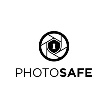 camera lens photography with shield safe security logo design template