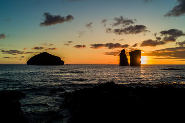 Aerial view of sunset from Islets in Mosteiros village. San Miguel island, Azores, Portugal.