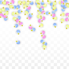 Vector Realistic Colorful Petals Falling on Transparent Background.  Spring Romantic Flowers Illustration. Flying Petals. Sakura Spa Design. Blossom Confetti. Design Elements for Wedding Decoration.