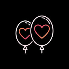 Two Balloons with Heart vector colorful linear icon or symbol on dark background