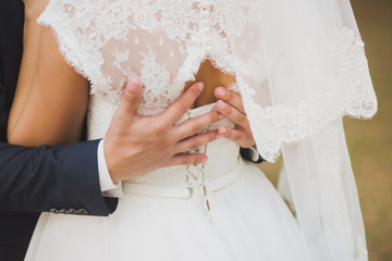 Groom embracing his wife with passion and love. Horizontal color photography of wedding couple.