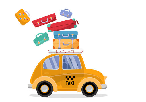 A little cute yellow taxi is in such a hurry that it loses the suitcases lying on the roof. yellow public passenger vehicle. taxi dride fast. Vector flat cartoon illustration on white background