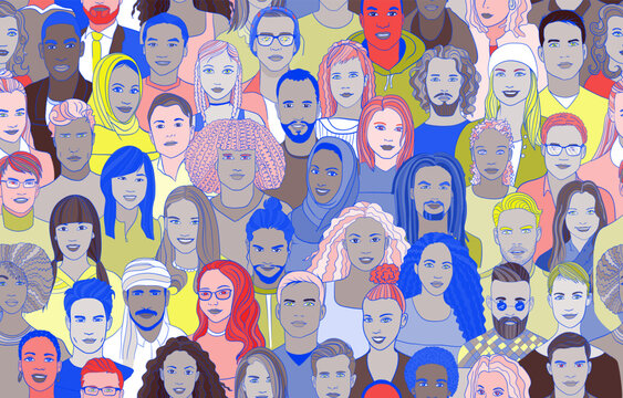 A large set of faces of young people of different nationalities. Seamless drawn creative pattern.