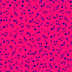 Colorful music notes seamless pattern. Blue colors simbols on pink background. Abstract vector texture musical symbols treble clef, octave.