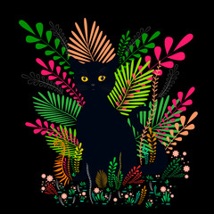 Fototapeta na wymiar Wild black cat with amber eyes, sit in a colorful foliage and flowers, isolated on black background. Decorative vector illustration with animal. Fantasy cartoon style, beautiful poster.