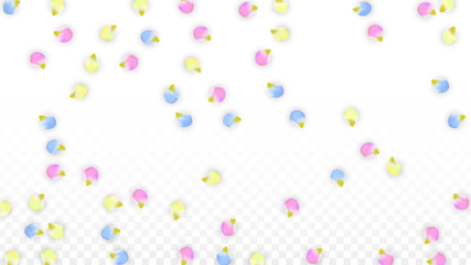 Vector Realistic Colorful Petals Falling on Transparent Background.  Spring Romantic Flowers Illustration. Flying Petals. Sakura Spa Design. Blossom Confetti. Design Elements for Wedding Decoration.