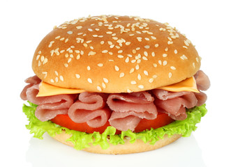 Big burger with twisted meat on white background